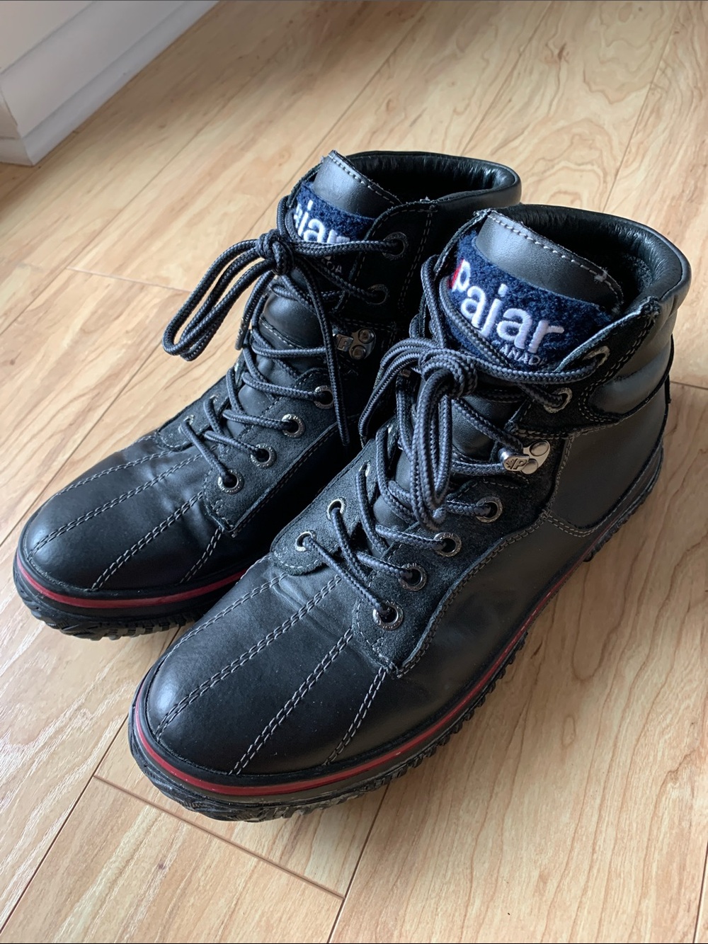 Pajar CANADA Men's Black Leather Lace-Up Boots with Red Accent